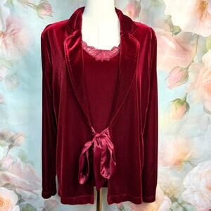 Vintage White Stag Red Velvet Lace Trim Ribbon Tie Shirt With Attached Blazer